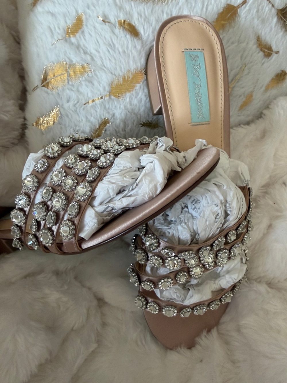 Betsey Johnson Rose Gold Jeweled Slide Mules